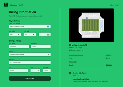 Austin FC Checkout Page austinfc dailyui design mls productdesign ui uxui web