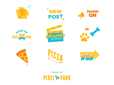 Pixel Park - Sticker Pack animation arrow blue box branding bright cohesive design fun icons logo megaphone motion motion graphics orange pizza playful sticker pack stickers yellow