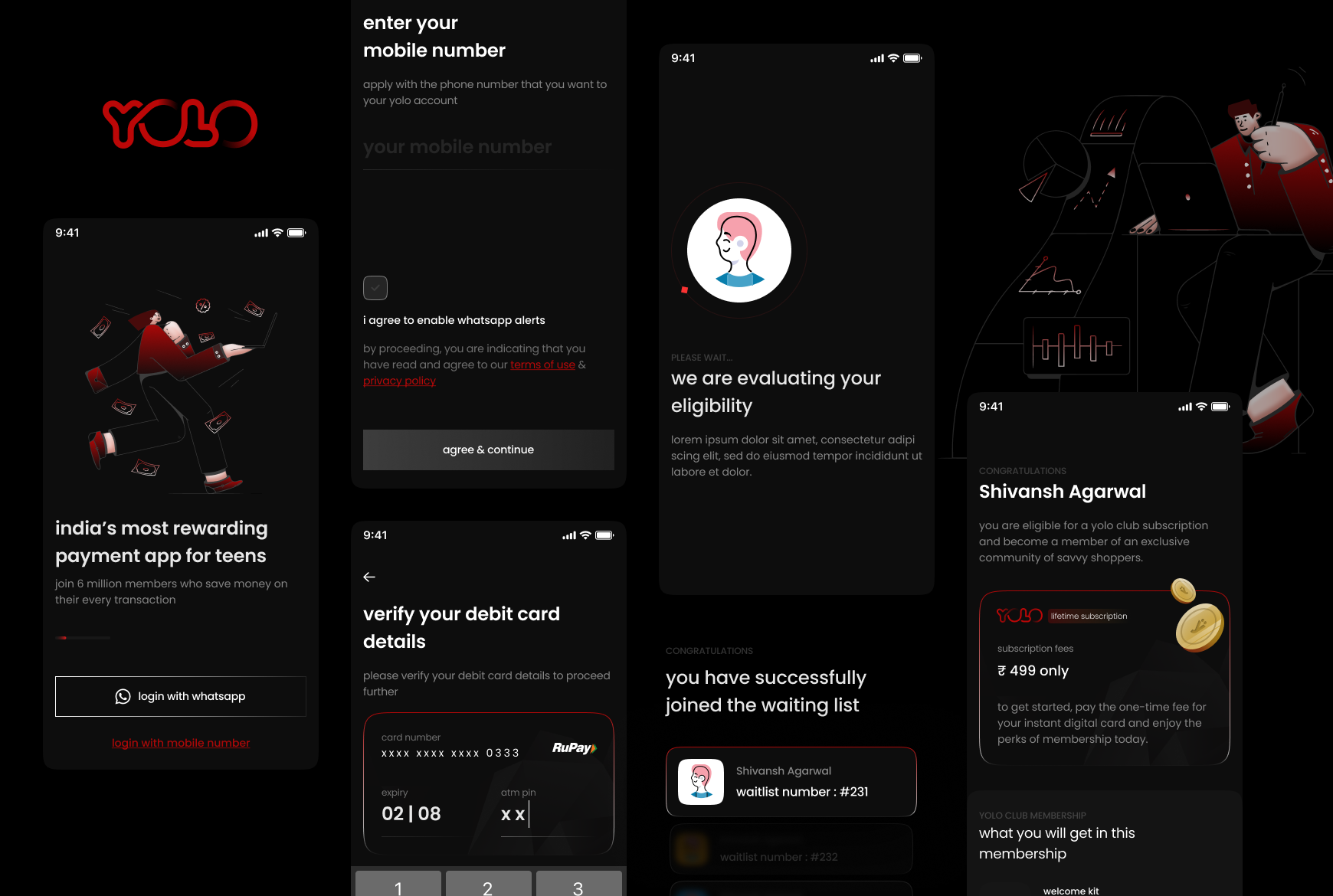 Yolo Pay android app branding design finance genz giveaways graphic design illustration internship logo mobile app payment prepaid card startup student ui ux vector visual