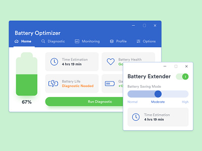 Battery App Concept app design colorful data driven graphic design icons mac app minimalistic modern sliders timer ui uiux windows app