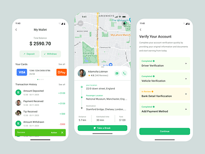 Driver App for Ride Sharing app design design driver driver app figma map ride sharing ui uiux ux verification wallet