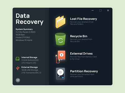 Data Recovery App app design colorful data data recovery glow glowing icons mac app minimalistic modern ui uiux utilities windows app