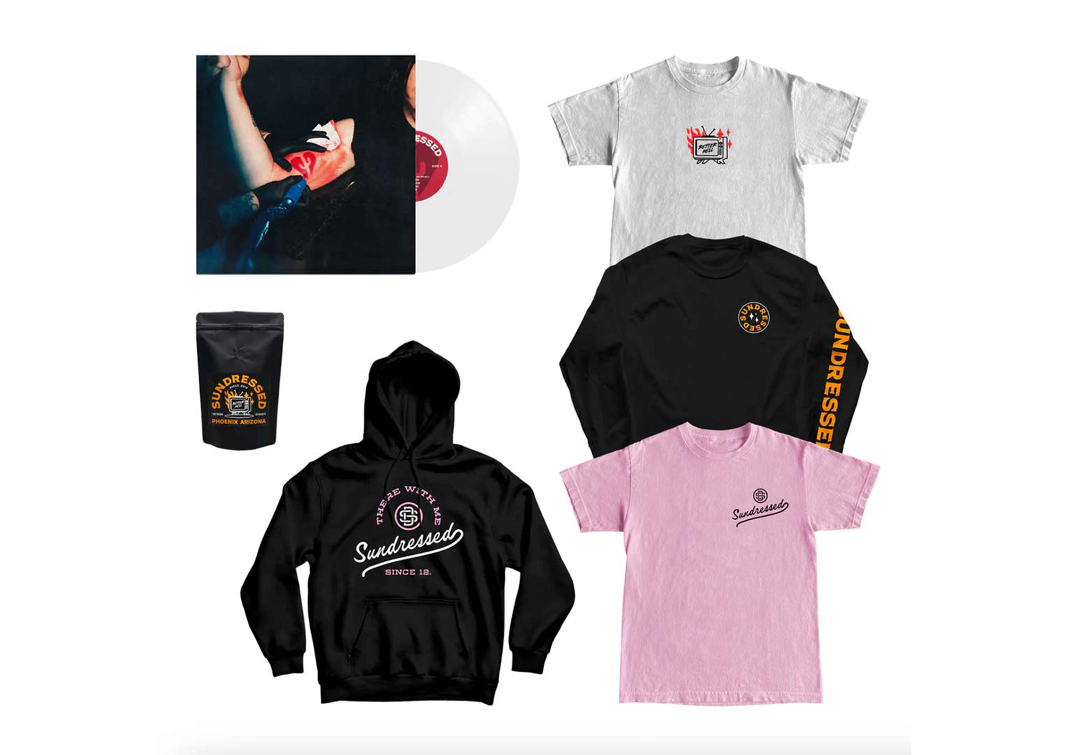 Sundressed Self Titled Album Bundle Creative badge badge design band branding coffee bag emo graphic design illustration independent logo logo design merchandise music print punk punk rock record scene typography vinyl