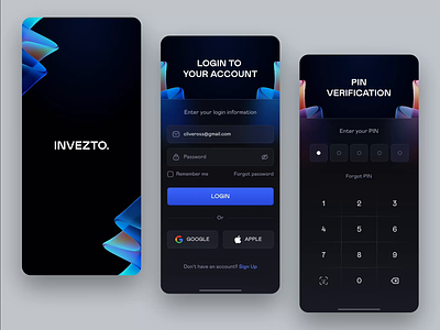 Invezto - Investment App Login Screen app clean dark dark mode design face id investment investment app login login screen mobile mobile app onboarding pin register sign in sign up ui uidesign uiux