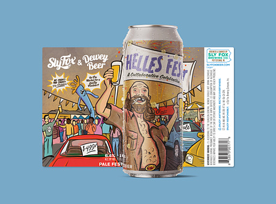 Helles Fest Beer Label for SlyFox & Dewey Beer beer beer can beer label beer packaging brewery can car lot cartoon character art character design drawing drink fest hand drawn illustration illustration art label design packaging packaging design party