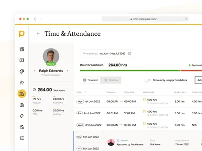 Paie - Time & Attendance Staff Detail dashboard employee hr management overtime payroll productdesign saas salary staff timeattendance timecard timeline timemanagement ui ux workforces workinghour