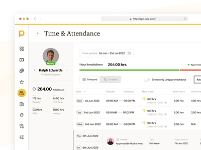 Paie - Time & Attendance Staff Detail dashboard employee hr management overtime payroll productdesign saas salary staff timeattendance timecard timeline timemanagement ui ux workforces workinghour