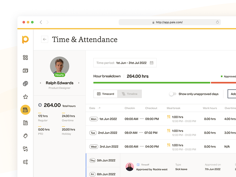 Paie - Time & Attendance Staff Detail dashboard employee hr management overtime payroll productdesign saas salary staff timeattendance timecard timeline timemanagement ui ux workforces workinghour