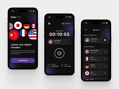OnlyVPN - VPN Mobile App app clean connection dark design internet location mobile mobile vpn network privacy private proxy security server ui uiux ux virtual private network vpn