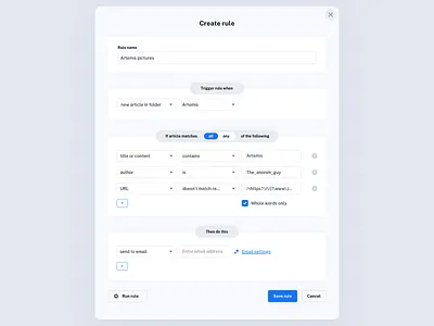 Conditional automation advanced filter automation builder condition conditional create if if this then that interface mathes modal new condition rule send to email ui desktop when