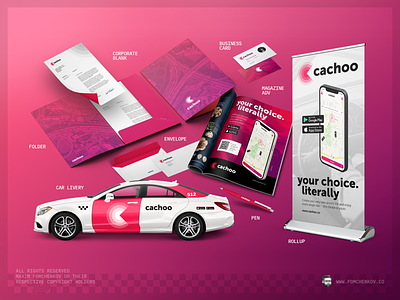 Cachoo Taxi Application — Brand Book Items adv advertising brand brand book brand design brand identity brandbook branding branding design brochure business card car folder identity livery pink print rollup taxi taxi app