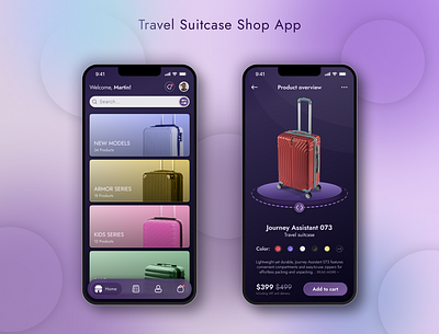 UI for eCommerce app concept app design branding challenge day mode design ecommerce figma graphic design night mode shop suitcase ui ui design vector