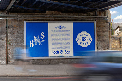Koch & Son ad billboard blue branding handdrawn illustration logo poster royal blue vintage wolf