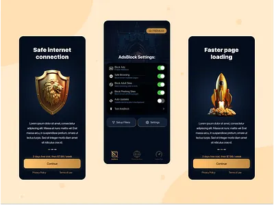 Golden Adblock. Modile UI App design adblock app application branding clean design gold golden graphic design illustration logo mobile ui user interface ux