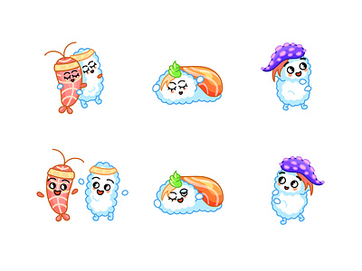 cute sushi icons, stickers for telegram american animation character design flat food icon illustration japanese octopus restaurant rice salmon shrimp sticker telegram vector