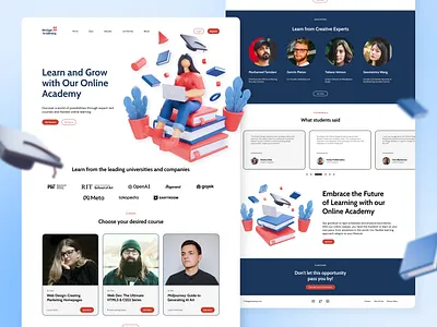 Design Academy - an E-Learning Platform with 3D Illustration 3d 3d design 3d illustration academy book education elearning graduation grow hat homepage landing page online course plant ui ui design uiux uix design ux design website