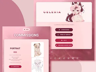 Artist Interface for Commissions & Socials animal app art artist commissions cute drawing furry graphic design illustration mobile pink platform price pricing social media socials terms of service tos web