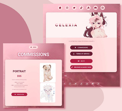 Artist Interface for Commissions & Socials animal app art artist commissions cute drawing furry graphic design illustration mobile pink platform price pricing social media socials terms of service tos web