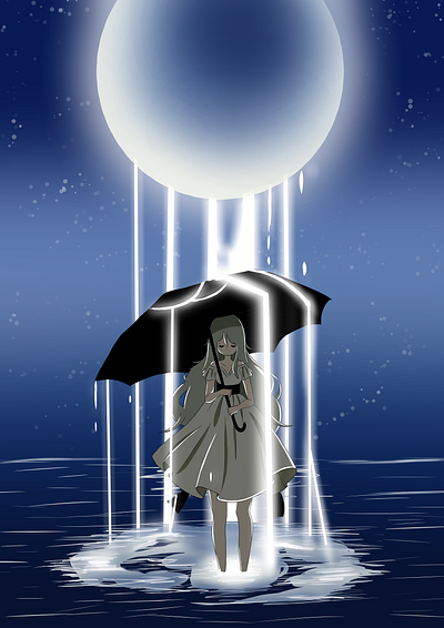 Moonlight Waterfall 2d 2d illustration anime calm digital art fantasy girl glowing illustration moon moonlight mystical night ocean rain sea stars umbrella water waterfall