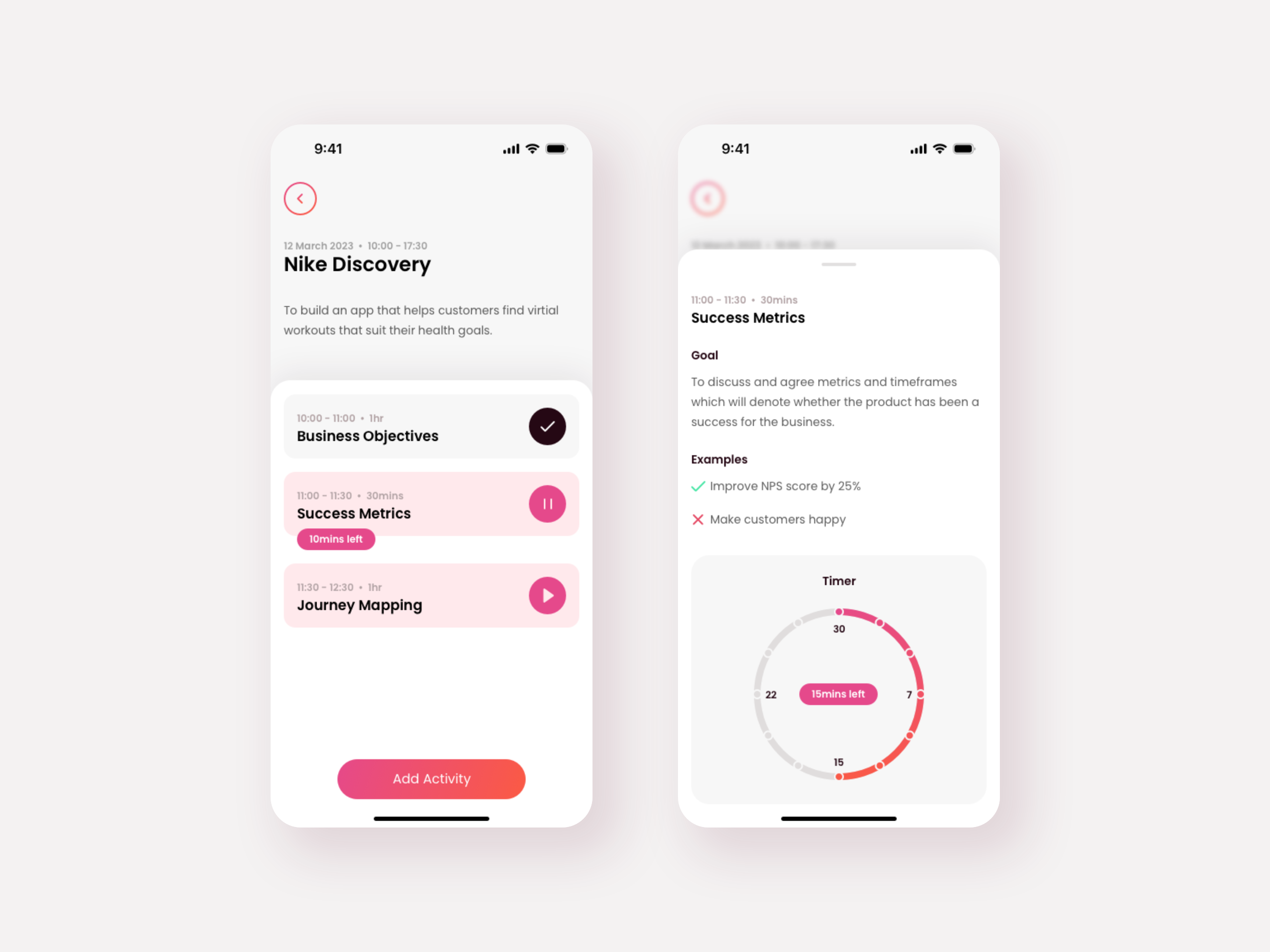 Discovery workshop app app clean design discovery app grey mobile design pink ui