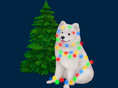 white fluffy dog tries to decorate the Christmas tree christmas card christmas decorations christmas dog christmas samoyed christmas tree christmas white dog dog illustration fairy lights fluffy dog ill0graph illograph illustration samoyed samoyed illustrated samoyed illustration string lights tangled white dog illustration