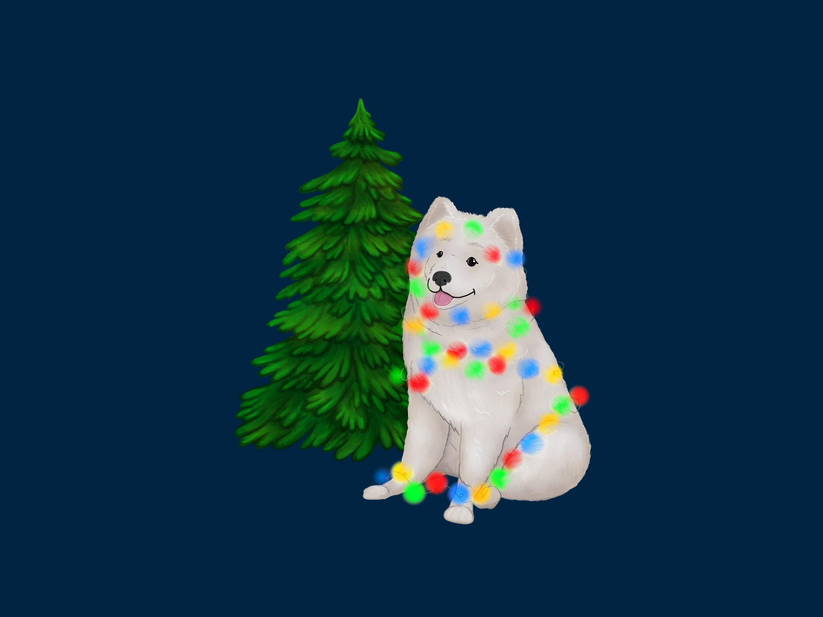 Example of white fluffy dog tries to decorate the Christmas tree