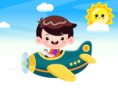 Cartoon Cute boy Flying In Airplane air transport cartoon childrens illustration flight illustration jet plane kids mascot plane cartoon toy plane vector