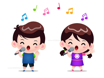 Expressive Singing Boy And Girl cartoon childrens illustration illustration karaoke kids kids singing mic microphone music music cartoon singing vector
