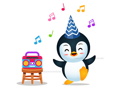 Cute Penguin Dancing Listening Music From Radio animal childrens illustration entertainment illustration kids music cartoon music illustration on air penguin radio vector