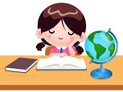 Cute Girl Reading A Book And Thinking cartoon childrens illustration education cartoon homework illustration kids kids classroom kids in class kids reading pupil read book reading study cartoon vector