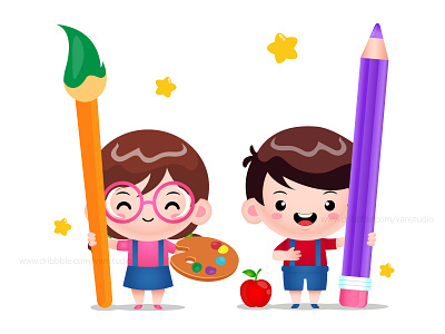Cute Girl Holding Big Painting Brush and Boy Holding Big Pencil cartoon childrens illustration creative kids illustration kids kids craft kids paint mascot painter artist painting palette play school vector watercolor girl