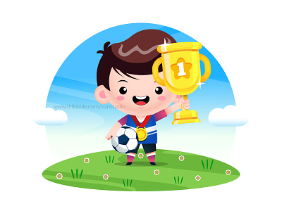 Cute Boy Stands With A Soccer Ball Gold Medal And A Winner Cup award winning cartoon champion champion cup childrens illustration first prize football kids football trophy futbol soccer illustration kids mascot soccer goal trophy cup vector