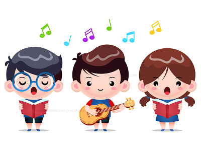 Cute Boy Playing Guitar And Kids Singing cartoon childrens illustration girl singing guitar illustration kids kids music kids singing music artist music guitar music illustration musician playing music vector