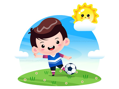 Cute Boy Kicking Soccer Ball boy playing cartoon cartoon boy children play childrens illustration cute kids football kids illustration kids kids playing kids soccer kids sport mascot vector