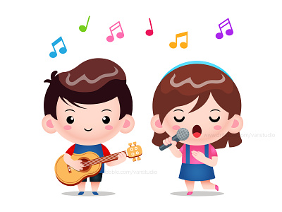 Cute Boy Playing Guitar And Girl Singing Song acoustic cartoon childrens illustration girl singing guitar player illustration kids kids music kids singing music band music guitar play guitar singing contest vector