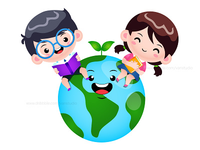 Children Holding Book With Earth Planet cartoon cartoon earth childrens illustration earth day environment happy earth illustration kids save earth save planet save the world vector