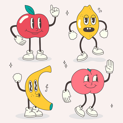 Set of fruits in groove style. apple banana cartoon dance emoticon face food fruits fun groovy happy illustration lemon movements notes peach retro shine singing vibrant