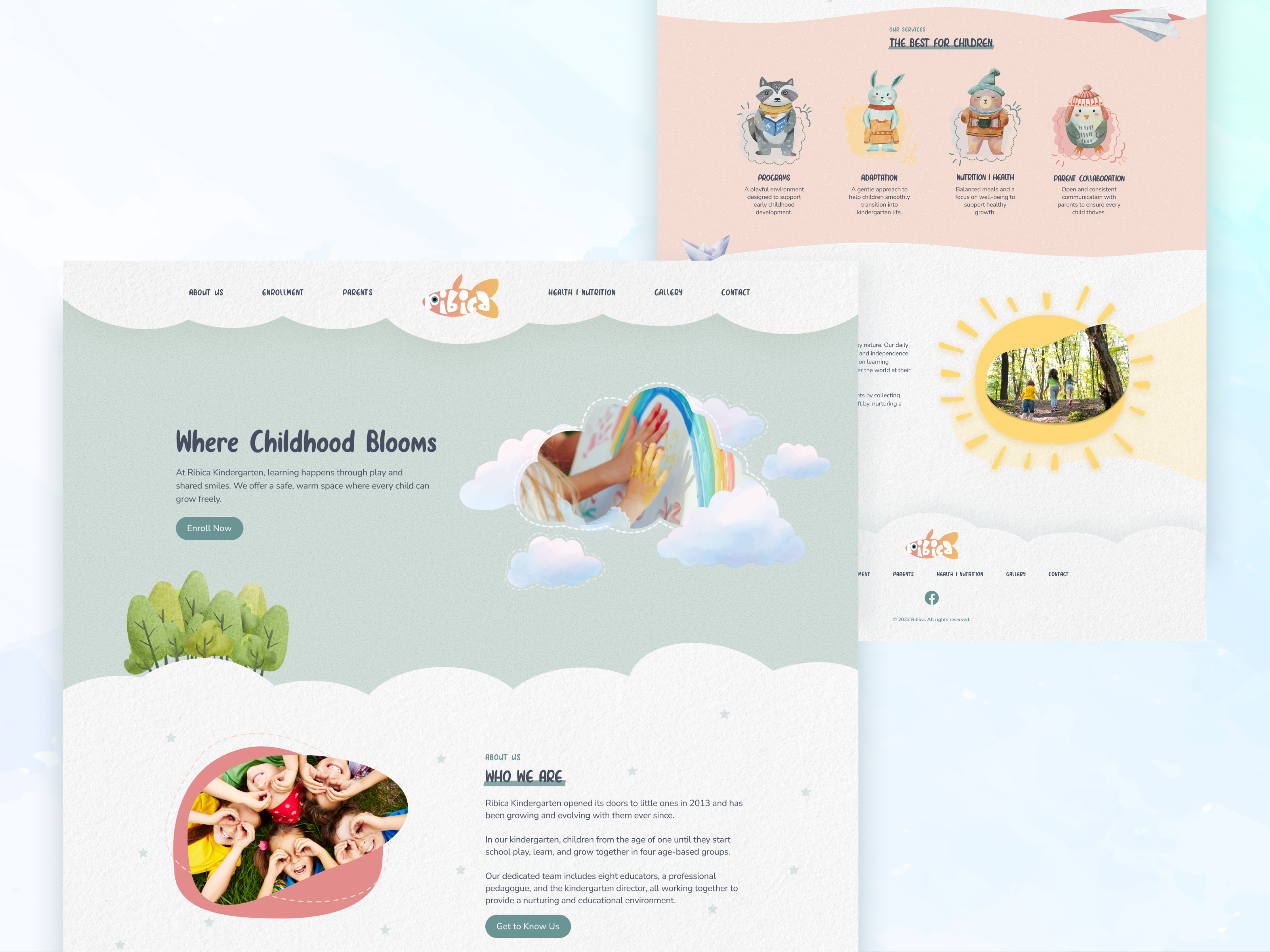 Ribica Kindergarten Website Design branding design graphic design illustration kids kids school logo nursery nursery website typography ui ux vector watercolor watercolor icons web website design