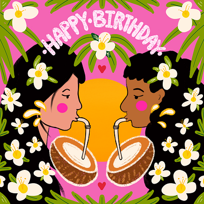 Tropical Birthday Illustration by Julia Barry birthday bright celebrate celebration coconut drinking drinks flowers girls good times green illustration jasmine julia barry long hair party pink procreate tropical women