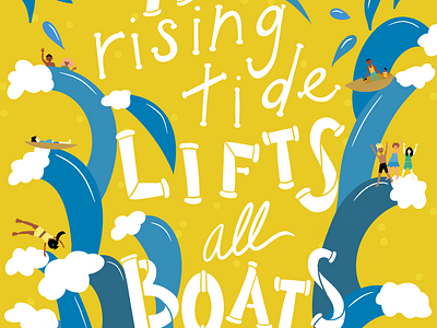 Rising Tide by Julia Barry (yellow, blue & rust colorways) blue boats design drawing good times hand drawn hand lettered hand lettering illustration julia barry ocean phrase procreate quote summer swimming tide water waves yellow