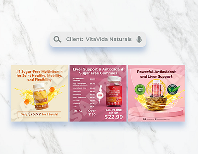 Square Graphics for VitaVida Naturals [2022] ad ads advertisement advertising design graphic design health marketing product products social media social media post supplement supplements