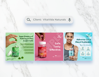 Square Graphics for VitaVida Naturals [2022] ad ads advertisement advertising design graphic design health marketing product products social media social media post supplement supplements