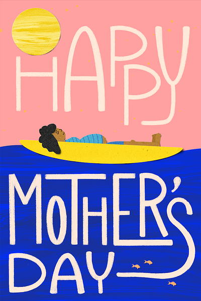 Happy Mother's Day (Mama in Boat / Paper) - by Julia Barry baby blue boat bright design illustration julia barry lady mothers day ocean pink pregnant procreate relaxing sleeping sunset water waves woman yellow