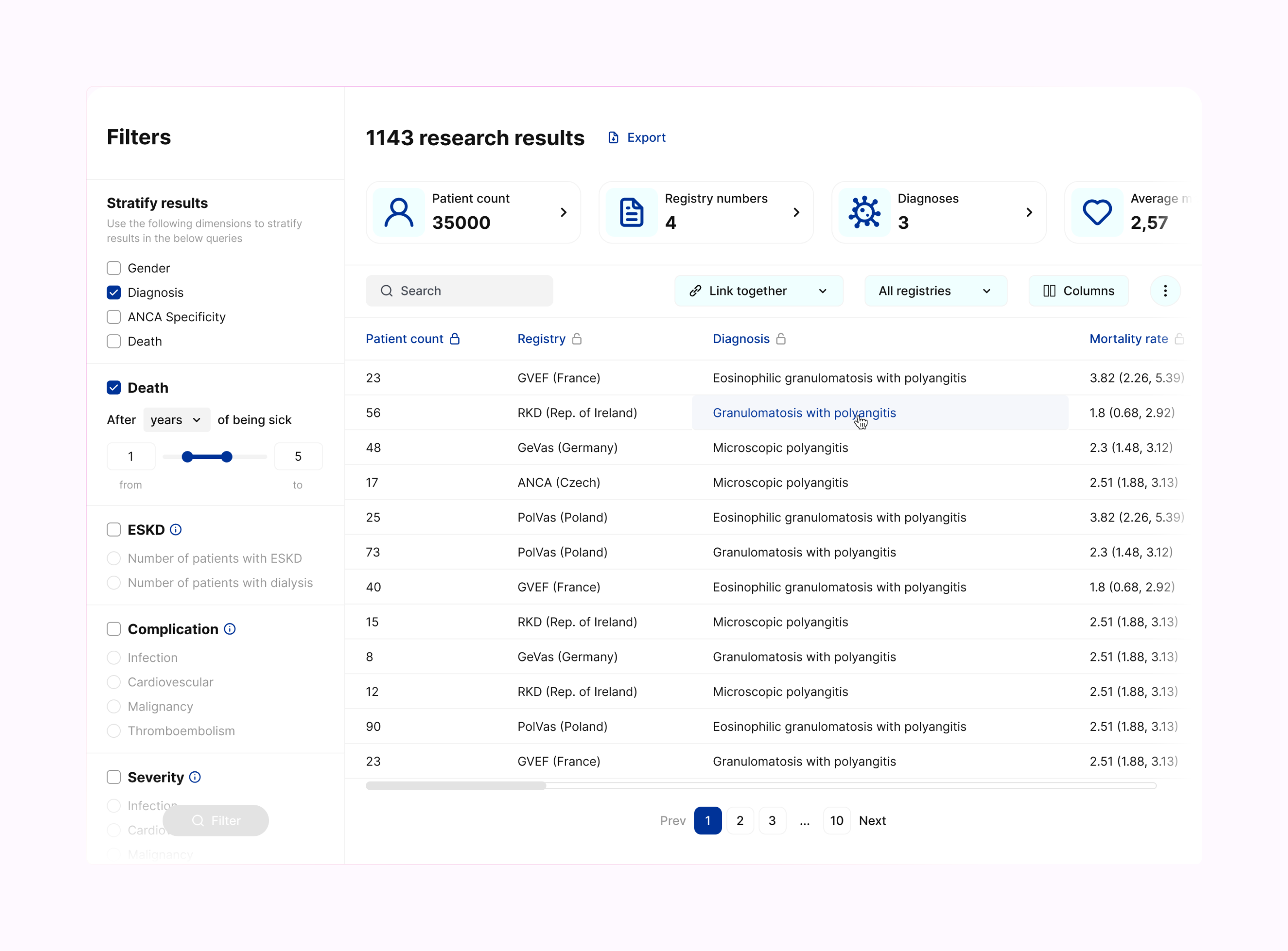 vascular disease research platform complex search filters hackathon search results table ui design ux design