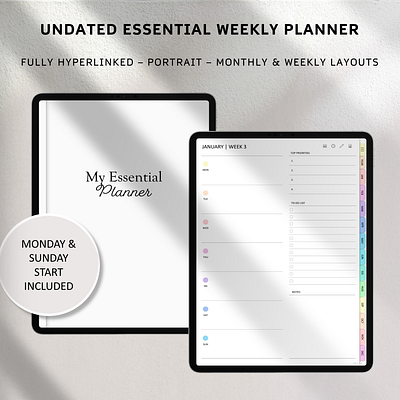 Undated Basic Digital Weekly Planner clean and minimal design digital planner digital templates hyperlinked planner minimal planner minimalist design monthly layout planner design planner for ipad planner template weekly layout