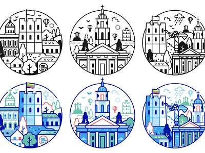 Travel Vilnius Icons baltic city emblem flat design gediminas hill illustration landmarks line art lithuania lithuanian local old town places symbols tower travel vilnius