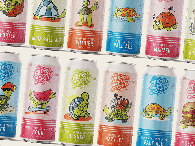 Turtle Love Can Designs beer beer can beer label beer packaging branding brewery can can design cartoon character colorful design drink illustration illustrator label packaging packaging design turtles typography