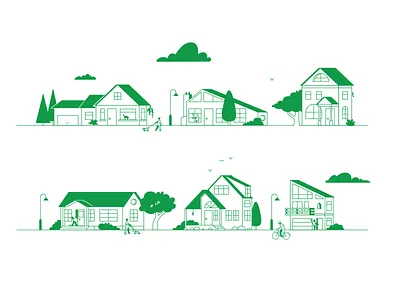 Neighborhood footer bike branding character city dog footer graphic design house houses illustrator lawn line art living neighborhood street suburb town ui walk website