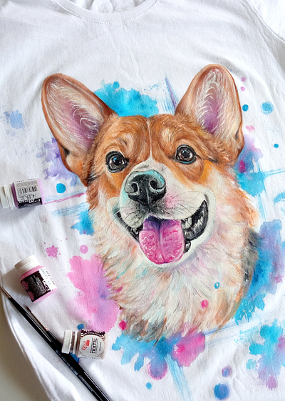 Hand-painted t-shirt, portrait of the dog design dog fashion hand painted handmade paint painting style