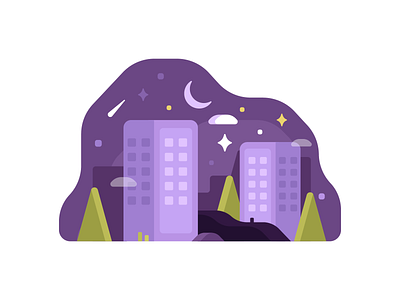 Sleepy town city clouds design geometric graphic design illustration lights moon night sky stars town tree vector
